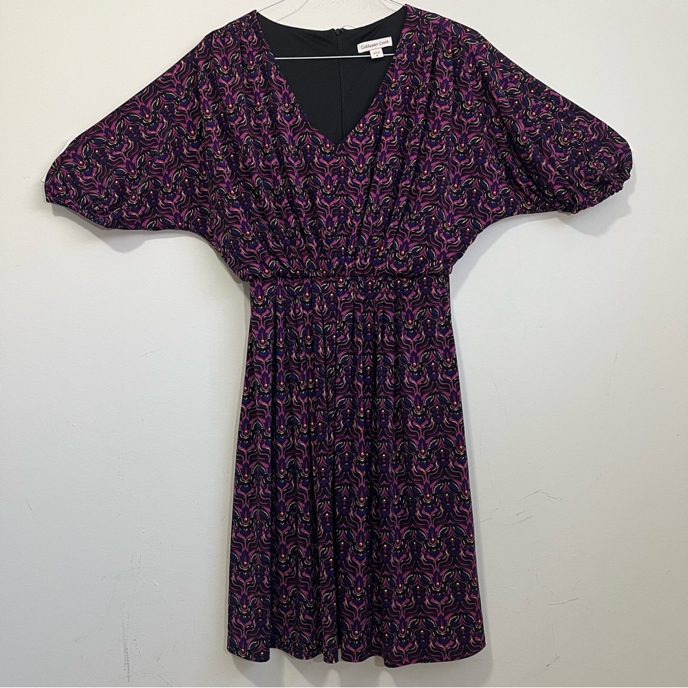 Coldwater Creek Dress Size 10 Purple Short Sleeve Midi V-Neck Blouson Stretch
